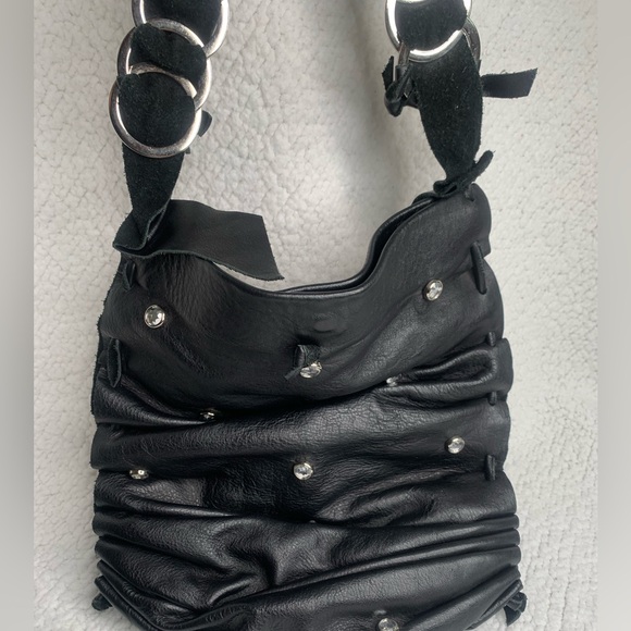 DAVID GALEN WOMENS SCRUNCHED LEATHER SHOULDER BAG PURSE WITH BLING - Picture 2 of 14